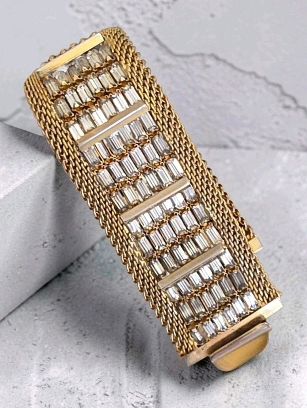 Vintage Signed Hobe Clear Baguette Rhinestone Goldtone Wide Mesh Bracelet 1950s